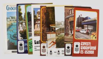 Magyar fürdőket bemutató kiadványok (össz. 14 db): Meskó Csaba: Gyógyfürdők. A mi Budapestünk sorozat. + 13 db retró prospektus (Gellért és Széchenyi gyógyfürdő, Palatinus strandfürdő, stb.)