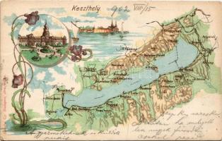 1902 Keszthely, Balaton térkép. Károlyi Gy. Art Nouveau, floral, litho (EK)