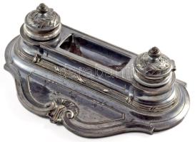 Íróasztali toll és tintatartó. Ón, üveg betéttel, XIX. sz. Hibátlan 30x15 cm