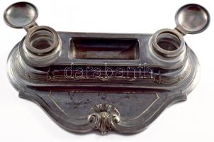 Íróasztali toll és tintatartó. Ón, üveg betéttel, XIX. sz. Hibátlan 30x15 cm
