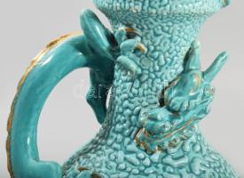 cca 1885 Zsolnay sárkánykorsó. Korongozott és kézzel formált, plasztikus elemekkel díszített porcelá...