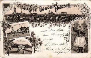 1899 Holics, Holic; Vásár tér, vár, népviselet / square, castle, folklore. J. Malovany Art Nouveau, floral, litho (vágott / cut)