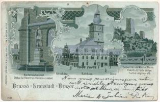 1902 Brassó, Kronstadt, Brasov; Városháza, Honterus szobor, Fekete és fehér bástya / Rathaus, Honterusdenkmal, Schwarzer und Weisser Thurm / Statua lui Honterus, Sfatul, Turnul negru si alb / town hall, statue, bastion towers. Julius Müller's Nachfolger Tartler &amp; Schreiber 1481. Art Nouveau, floral, litho (b)