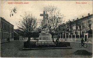 1911 Olaszi, Nagyváradolaszi, Olosig (Nagyvárad, Oradea); utca, Pieta szoborral, fiú kerékpárral / street view with monument, boy with bicycle (EK)