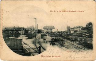 1900 Piski, Simeria; MÁV javítóműhelye vonatokkal, vasútállomás. Gyulai József kiadása. Honisch udvari fényképész felvétele / repair workshop of the Hungarian State Railways with trains, railway station (EB)