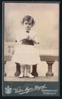 cca 1905 Kislány portréja, vizitkártya Victor Mysz nagyszebeni (Hermannstadt, Sibiu) műterméből, dekoratív verzóval, 10,5x6,5 cm