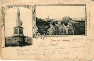 1900 Piski, Simeria; Bem emlékoszlopa, vaspálya, vasútállomás, vonatok. Gyulai József kiadása, Honisch udvari fényképész felvételei. Szecessziós-virágos keret / monument, railway station, trains. Art Nouveau, floral frame (Rb)
