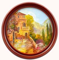 Fekete Zsolt (1964-): A nyugalom szigete. Olaj, farost, jelzett, dekoratív fakeretben. d: 20 cm