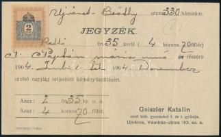 1904 Nagyvárad, kéményseprő jegyzék (számla) 2f okmánybélyeggel