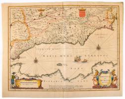 Johannes Janssonius: Granata, et Murcia Regna, Granada és Murcia térképe. Színezett rézmetszet. Megjelent: Atlas Major ca 1660.. Hátoldalán holland nyelvű szöveggel 495x375 mm Felső részén kis szakadás, megerősítve vékony csíkkal