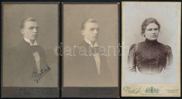 cca 1880-1900 3 db keményhátú portré a Dunky fivérek kolozsvári műterméből, közte 2 db egyforma, 10,5×6,5 cm