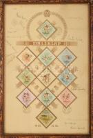 1953 Az Anglia ellen játszott 6:3-as londoni diadal emlékére kiadott emléklap és emlékbélyeg sorozat rajta az Aranycsapat labdarúgó játékosainak autográf aláírásával. 15 játékos (Grosics, Puskás, Hidegkuti, Lantos, Buzánszky, Lóránt, Bozsik, Kocsis, Gellér, Sándor aláírása és Sebes Gusztáv edző autográf sora "Az 1953-as év sportsikereinek emlékére" és aláírása. Üvegezett keretben, ajándékozási sorral. 27x42 cm  / Autograph signed commemorative card after the 6:3 match against England by the Hungarian football team players in glazed frame. 27x42 cm