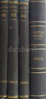 1871-1875 Földtani Közlöny I-V. Évfolyam, 4 kötetbe kötve:  1871 I. évfolyam I-X. szám. Szerk.: Winkler Benő, Bernáth József és Koch Antal. Kiadja: Magyarhoni Földtani Társulat. Pest, 1872., Khór és Wein, 2+262+1 p.+2 (kihajtható kőnyomatú táblák) t.; 1872 II. évf. XI-XVIII. szám. Szerk.: Böckh János, Koch Antal, és Sajóhegyi Frigyes. Kiadja: Magyarhoni Földtani Társulat. Bp., 1873, Khór és Wein, 245 p.; 1873 III. évf. I-XII. sz. Szerk.: Sajóhegyi Frigyes és Roth Lajos. Kiadja: Magyarhoni Földtani Társulat. Bp., 1874, Khór és Wein, 2+254 p.+1 (színezett kőnyomatú térkép) t.+ 4 t. (Két földtani átmetszet hiányzik. Az eredeti elülső papírborítót bekötötték, de kijár.); 1874-1875 IV. évf. 1-12 szám. és V. évf. 1-12. sz. Szerk.: Sajóhegyi Frigyes és Roth Lajos. Kiadja: Magyarhoni Földtani Társulat. Bp., 1874-1875, Khór és Wein, 312+2 p.+II-V (színes, litografált térképek,közte: Az Ungvári hegység délny. részének földtani térképe, A Buziási fürdő térképe, Kolozsvár vidékének földtani térképe, az I. tábla hiányzik) t.;+2+291+3 p.+ VI (közte 2 színes, litografált térképpel, : A magyar és gácsországi [Galícia, ma Ukrajna] petroleum előjövetel helyzeti terve, valamint Ungvár környékének földtani térképe, egy magyarázó lapot kivágtak.) t.  Átkötött félvászon-kötés, márványozott lapélekkel, kopott borítókkal, az első 3 kötet gerince sérült, régi intézményi bélyegzésekkel, a III. évfolyamból: két földtani átmetszet hiányzik, az eredeti elülső papírborítót bekötötték, de kijár, a IV. évfolyamból a I. tábla hiányzik, a IV. évfolyam címlapja hiányzik, az V. évfolyamból egy tábla előtti magyarázó lapot kivágtak, ezektől eltekintve alapvetően jó állapotban.