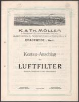 1914 Brackwede (Bielefeld), K. &amp; Th. Möller Maschinenfabrik, Kesselschmiede u. Eisengiesserei német nyelvű fejléces üzleti levél, tájékoztató prospektus és műszaki rajz (levegőszűrő)