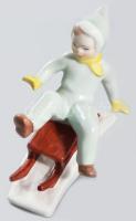 Aquincumi porcelán szánkózó kislány, kézzel festett, jelzett, hibátlan, m: 11 cm