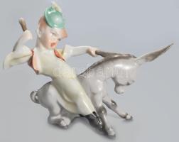 Herendi fiú szamáron, kézzel festett, jelzett, hibátlan, 15x10 cm