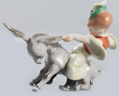 Herendi fiú szamáron, kézzel festett, jelzett, hibátlan, 15x10 cm
