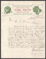 1901 Bécs (Wien), Carl Baitz kerékpár kiegészítő (lámpa, csengő) nagykereskedő német nyelvű üzleti levele, fejléces levélpapíron