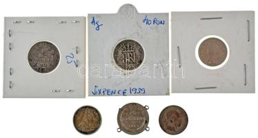 Vegyes, 6db-os kisezüst tétel, benne: Ausztria 1869. 10kr Ag "Ferenc József" + Német Birodalom 1905A 1/2M Ag + Orosz Birodalom 1915. 15k Ag foglalatban + Nagy-Britannia 1939. 6p Ag "VI. György" + Kanada 1946. 10c Ag "VI. György" + 1963. 10c Ag "II. Erzsébet" T:VF,F, patina Mixed 6pcs small silver coin lot, including Austria 1869. 10 Kreuzers Ag "Franz Joseph" + German Empire 1905A 1/2 Mark Ag + Russian Empire 1915. 15 Kopecks Ag in frame + Great Britain 1939. 6 Pence Ag "George VI" + Canada 1946. 10 Cents "George VI" + 1963. 10 Cents Ag "Elizabeth II" C:VF,F, patina