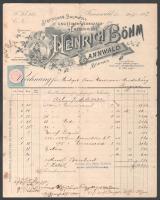1897 Tannwald (Tanvald), Heinrich Böhm Strickgarn-, Baumwoll- und Leinen-Webwaaren-Erzeugnisse fejléces számla, 5kr számlailletékkel, kissé sérült, foltos