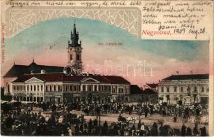 1904 Nagyvárad, Oradea; Szent László tér, piac, Általános takarékpénztár, Csarnok kávéház, Adria biztosító, Dell'Orto K. üzlete. Özv. Erényi S. kiadása / square, market, savings bank, café, insurance company, shops. Art Nouveau (EK)
