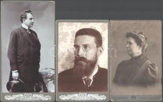 cca 1900 Czinczár Adolfné Löwy Debora és két férfi portréja, 3 db keményhátú fotó, 16,5×10,5 és 20×11 cm