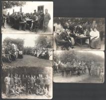 cca 1915 Katonai fotók, közte csoportkép Schwarzlose géppuskával, mise, katonák civilek társaságában, 5 db fotólap, 9x14 cm