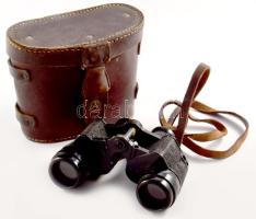 Régi katonai távcső, hiánnyal, tisztításra szorul, bőr tokban, 17x12 cm