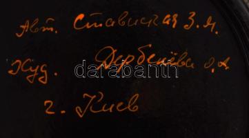 Olimpiai témájú orosz festett tálca, kopással, d: 30 cm