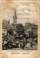 1917 Nagyszeben, Hermannstadt, Sibiu; Kleiner Ring (Obstmarkt) / Kis piac (gyümölcsvásár), Hugo Connerth üzlete. Jos. Drotleff Nr. 18. / fruit market, shops (kopott szélek / worn edges)