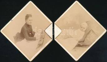 1889 Puky Józsefné és fia Márton, 2 db keményhátú fotó Streliskij budapesti műterméből, 11×11 cm