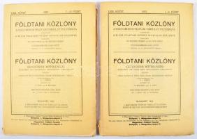 1906-1928 Földtani Közlöny 7 kötete: XXXVI. évf. 1-12. sz. Szerk.: Pálffy Mór, XXXXV. Évf. 1-12. sz. Szerk.: Papp Károly, L. évf. Szerk.: László Gábor, Vogl Viktor., LIII. évf., LIV. évf., LVII. évf. Szerk.: Zeller Tibor,és Reichert Robert., LXIII. évf. 1-12. sz. Szerk.: Reichert Róbert és Papp Ferenc. Bp., 1915-1933, Magyarhoni Földtani Társulat, XXIII+1+162+2 p.+ IX (a táblák előtt magyarázó lapokkal) t.+[125]-158+2 p.+1 t.+165-479 p.+1 (magyarázó lappal a tábla előtt) t.; XI+1+334 p.+ III (magyarázó lapokkal) t.; 4+144 p.+ III t.; 168 p.; 256 p.; VI+2+264 p.+IX t. + 2 t. ; 1 t.+116 p.+4 t., IV+117-227 p.+4 t. Fekete-fehér képanyaggal illusztrált. Magyar és német nyelven. Átkötött félvászon-kötések, és márványozott lapélekkel, kopott borítókkal, régi bélyegzésekkel, egy kihajtható táblán szakadással, és kiadói papírkötések.;
