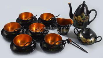 Japán lakkozott fa kávés készlet, 1-1 kopással.