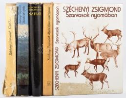 5 db könyv - Széchenyi Zsigmond: Alaszkában vadásztam; Szarvasok nyomában; Nahar; Denaturált Afrika; Csui!... Félvászon kötés, sérült papírborítóval, kopottas állapotban.