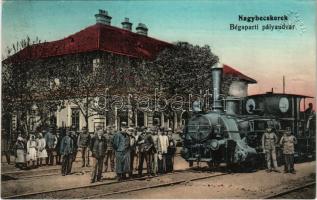 1914 Nagybecskerek, Zrenjanin, Veliki Beckerek; Bégaparti pályaudvar, vasútállomás, gőzmozdony. Levelezőlapárusítás 360. / railway station, locomotive (EK)
