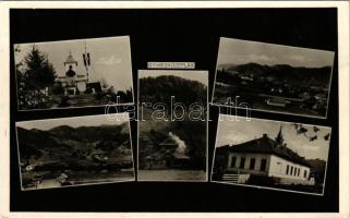 1942 Gyimesközéplok, Középlok, Lunca de Jos; részletek, Országzászló. Zakariás Dezső kiadása / multi-view postcard with Hungarian flag (fl)