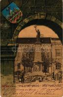 Versec, Werschetz, Vrsac; 1848-as honvéd emlékszobor. Szecessziós címeres litho, Kehrer Lajos kiadása. A képeslap címzettje medveczei és kisbisztereczi Medveczky Ákosné / military heroes monument, Art Nouveau, coat of arms, litho (fl)