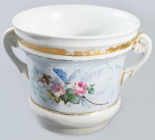 Virágmintás porcelán kaspó, kopott, d:16,5 cm, m: 15 cm