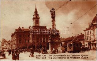 1926 Újvidék, Novi Sad; Trg Oslobodjenja sa Gradskom Kucom. Keller &amp; Kiss (Petrovaradin) / tér, villamos, üzletek / square, tram, shops (gyűrődés / crease)