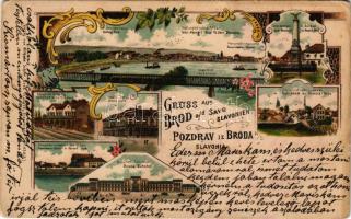 Bród, Brod an der Save, Bosanski Brod; Festung Park, Franciskaner-Kloster, Kaiser Monument, Bahnhof, Save Brücke, Jelacic Platz / Fortress park, Monastery, Railway Station, monument, bridge, locomotive. Wilhelm Schier floral Art Nouveau litho (kis szakadás / small tear)