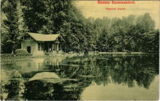 1909 Szamosújvár, Gherla; Népkerti részlet. W.L. 1869. / park, pond (gyűrődés / crease)