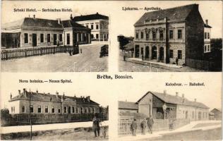 1907 Brcko, Brcka; Kolodvor, Ljekarna, Srbski Hotel, Nova bolnica. M. Zeitler / Bahnhof, Apotheke, Serbisches Hotel, Neues Spital / railway station, pharmacy, Serbian hotel, new hospital (Rb)