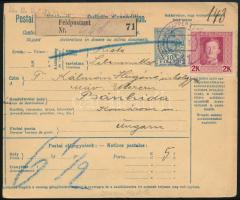 1917 10f díjjegyes csomagszállító K.u.K. Feldpost 2K bérmentesítéssel Bánhidára küldve. A tartalom e...