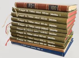 1900-1916 Magyar Kir. Földtani Intézet évi jelentése 1900-ról, 1901-ról, 1903-ról, 1906-ról, 1907-ról, 1908-ról, 1909-ről, 1911-ről, 1912-ről, 1913-ról, és 1916-ról II. rész. Összesen 11 kötet. Bp., 1902-1917, Franklin, 210+2 p.+1 t.; 172+4 p. +1 (Bányászat Dobsina város területén) t.; 291 p.+ 3 t.; 239+1 p.; 303 p.+1 t.; 2+208 p.; 252 p.; 289+3 p.+2 t.; 373+3 p. + V t.; 304 p.+IV t.; [353]-710+1 p. +IV-XIII t. Korabeli szecessziós egészvászon-kötések (8 kötet, Esztergom, Buzárovits Gusztáv-kötések), festett lapélekkel, valamint kiadói papírkötés, és átkötött modern egészműbőr-kötés és félműbőr-kötés, kis kopásnyomokkal, néhány kötetben régi bélyegzésekkel, de alapvetően jó állapotban.