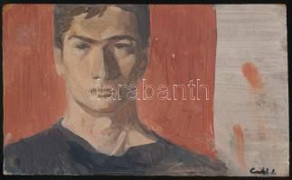 Csavlek András (1942-): Portré (önarckép?). Olaj, farost, jelzett, hátoldala csendélet. 12,5x21 cm