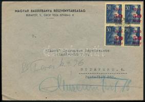 1945 (2. díjszabás) Helyi levél eltolódott felülnyomású 50f/50f négyestömbbel, továbbítva / Redirected local cover, block of 4 with shifted overprint