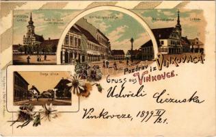 1899 Vinkovce, Vinkovci; Katolicka crkva, Kuca brodske Im. Obcine, Kr. Vel. Gimnazija, Pravoslavna crkva, Duga ulica / Római katolikus templom, Elöljáróság, gimnázium, ortodox templom, Duga utca, J. Reich üzlete és saját kiadása / Catholic church, town hall, grammar school, Orthodox church, street, publisher's shop. Art Nouveau, floral, litho (EK)