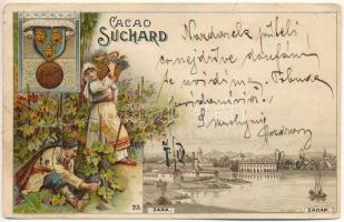 1906 Zadar, Zara; látkép, Suchard kakaó reklám, folklór / Cacao Suchard Swiss chocolate advertisement with general view, coat of arms of Dalmatia, folklore. Art Nouveau, floral, litho (fa)