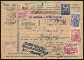 1929 Teljes csomagszállító 6 db bélyeggel, vámkezelve Koppenhágába / Parcel card to Copenhagen