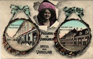 1907 Vukovár, Vukovar; Franje Josipa ulica, Dvor Grofa Eltza. H. Freund / Franz Josefsgasse, Graf Eltz'sches Schloss / street, castle, montage with lady (EB)